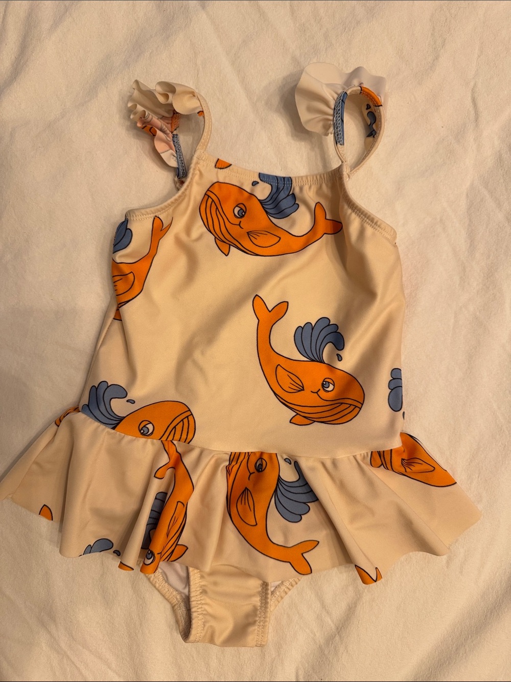 Mini Rodini Cream One-Piece Swimsuit with Orange and Blue Whale Print